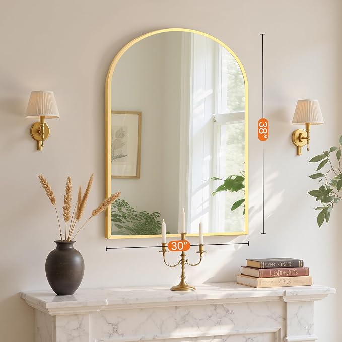 NEWBULIG 38X30 Inch Arched Bathroom Mirror for Wall, Vanity Bathroom Mirrors for Over Sink Tempered Glass, Anti-Rust Arched Metal Framed, Hangs Horizontally or Vertically, Farmhouse Home Decor, Gold