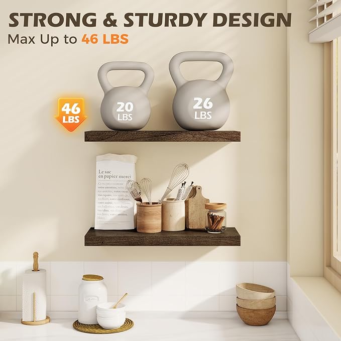 24 Inch Floating Shelves for Wall, 8"D High End Solid Hardwood Shelves for Decor Storage, Rustic Wall Shelves with Invisible Heavy Duty Brackets for Living Room, Kitchen, Bathroom, Walnut, 2 Pack