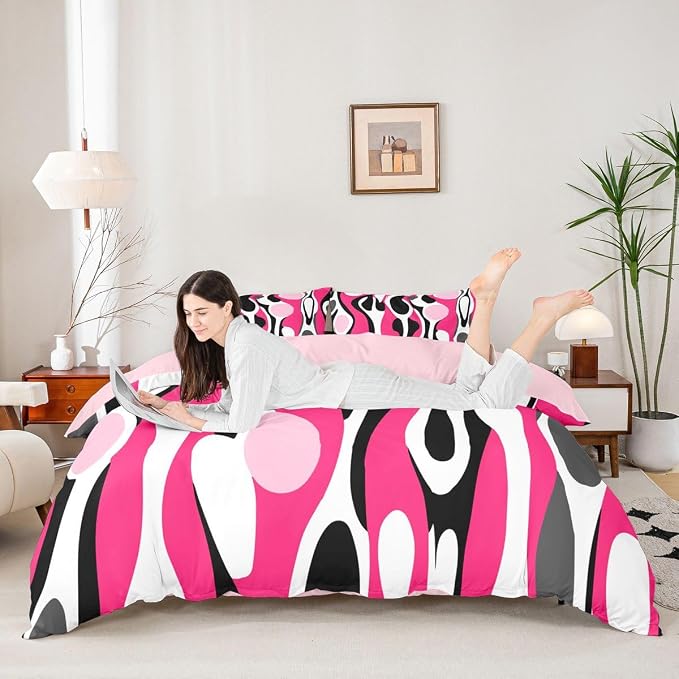 Erosebridal Organic Geometric Duvet Cover Set Modern Abstract Full Size Bedding Sets for Teen Boys Retro Mid Century Comforter Cover Modern Fluid Art Irregular Circles Bed Set,Fuchsia Pink