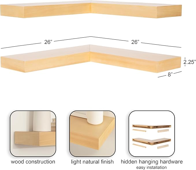 Kate and Laurel Havlock Modern Wood Two-Piece Floating Corner Shelf Set, 26 x 8 x 3, Natural Wood, Wooden Corner Kitchen Shelving with Unique Geometric Shape for Living Room Decor or Entryway Storage