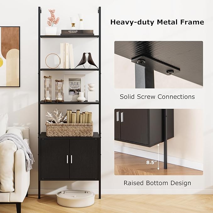Giantex 72.5" Ladder Bookshelf with Cabinet Set of 2, 5-Tier Tall Wall-Mounted Shelf w/Storage, Modern Style Kitchen Open Shelving Organizer, Heavy-Duty Metal Frame Display Rack for Living Room,Black