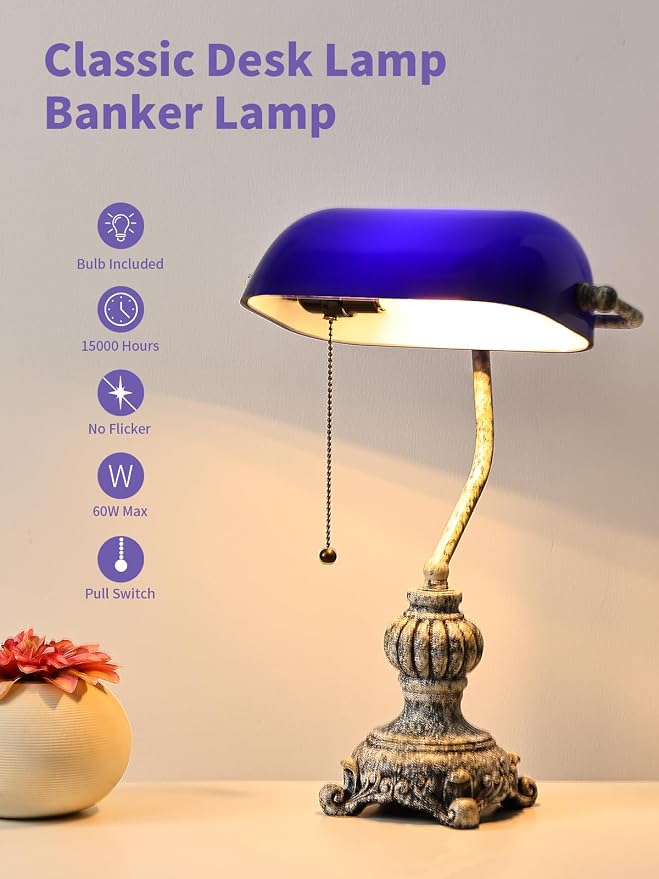 Retro Blue Glass Bankers Desk Lamp for Home Office,Library with Pull Chain Switch Plug in Fixture, LED Bulb Included
