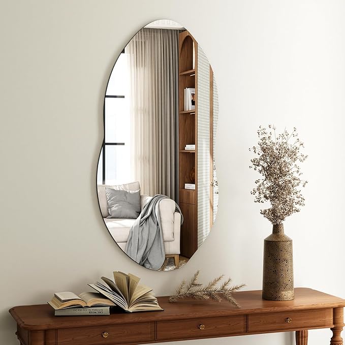 Irregular Wall Mirror, 36 x 20 Inch Asymmetrical Frameless Mirror for Bathroom, Living Room, Bedroom, Modern Abstract Vanity Mirror with Shatter-Proof Glass