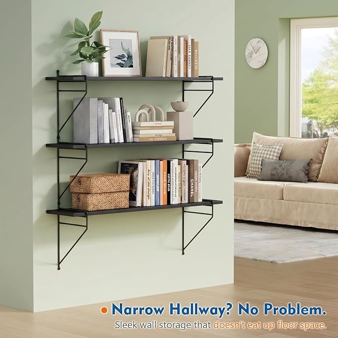 Harwaya Black Wall Mounted Bookshelf 36 Inch Long, Large Floating Book Shelves for Wall, Deep Hanging Bookshelves with High Bookend for Bedroon Living Room Office Kitchen Storage (Black)