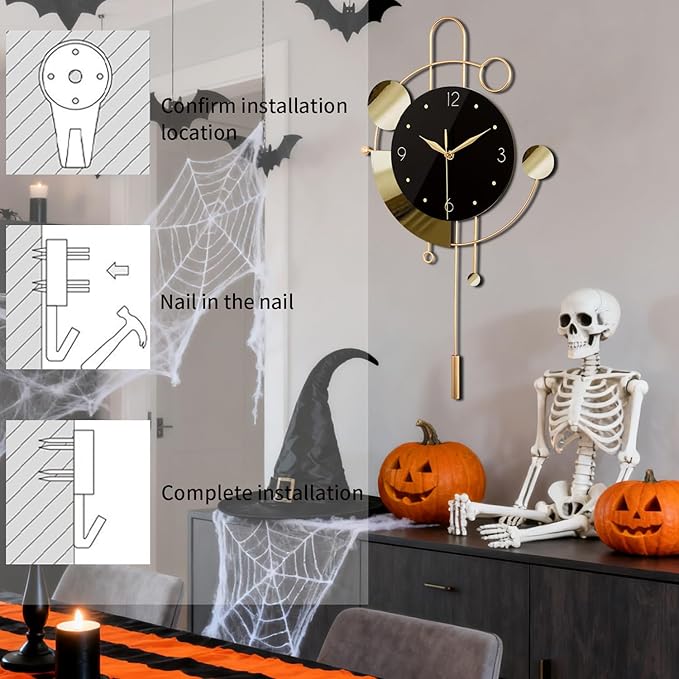 SIN&MI Wall Clock with Pendulum,Silent Non Ticking Battery Operated Modern Large Wall Clocks for Living Room Bedroom Farmhouse Office Kitchen Home Wall Decor-13.3 * 22.4 Inch(Golden)