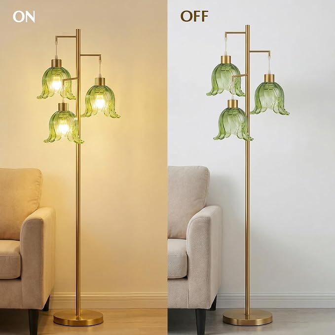 Gold Floor Lamp for Living Room,Bedroom,Tree 3 Light Standing Lamp Mid Century Modern Tall Floor Lamps Vintage Retro Floor Lights Unique Glass Green Flower Lamp Shade Farmhouse Boho Bohemian