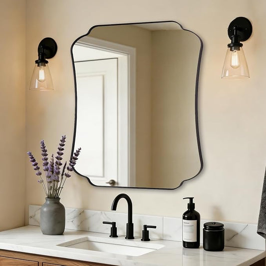 ANDY STAR Bathroom Vanity Mirror, 24x32 Matte Black Rectangle Mirror with Scalloped Round Corner, Vintage Asymmetrical Metal Wall Mirror for Entryway, Living Room