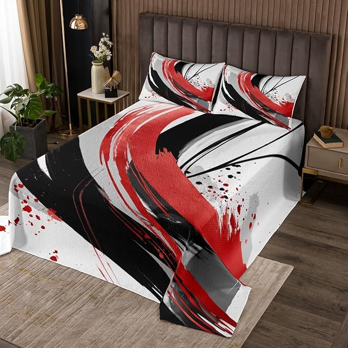 Erosebridal Black and Red Coverlet Set King | Modern Geometric Striped Quilt Set for Boys Girls Contemporary Watercolor Graffiti Bedspread Sets Boho Minimalist Aesthetic Art Quilts 3 Pieces