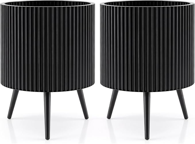 Giantex 16 inch Plant Pot with Stand Set of 2, Mid-Century Modern Fluted Planter with Built-in Drainage Holes, Metal Flower Pot with Tapered Legs for Living Room, Office, Porch, Garden