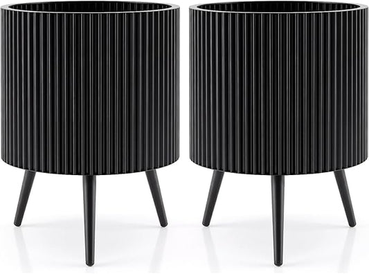 Giantex 16 inch Plant Pot with Stand Set of 2, Mid-Century Modern Fluted Planter with Built-in Drainage Holes, Metal Flower Pot with Tapered Legs for Living Room, Office, Porch, Garden