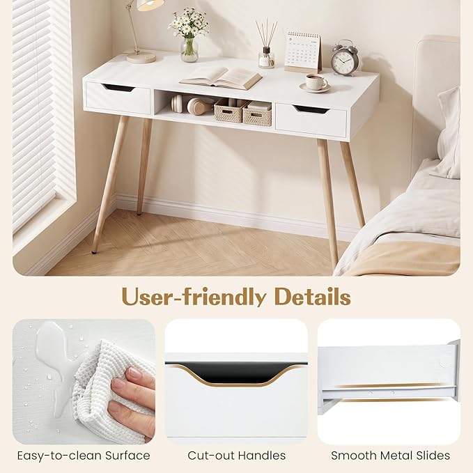 Giantex White Computer Desk with Drawers, 42.5" Minimalist Mid Century Modern Vanity Writing Desk with Open Storage Cubby & Metal Leg, Compact Wooden Study Table for Small Spaces Home Office (White)