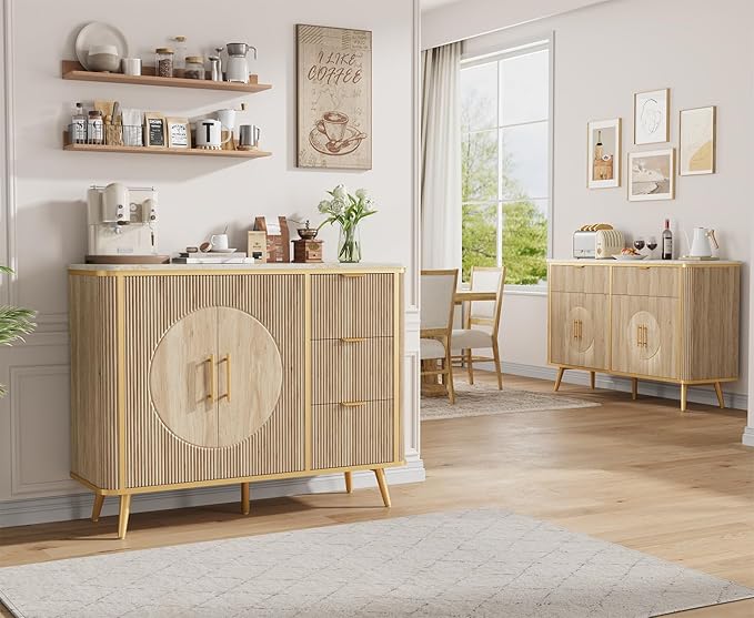 47.2" Buffet Storage Cabinet, Modern Fluted Coffee Bar Station with 2 Drawers & Adjustable Shelves, Kitchen Sideboard Buffet for Dining Room, Living Room, Hallway, Natural Oak