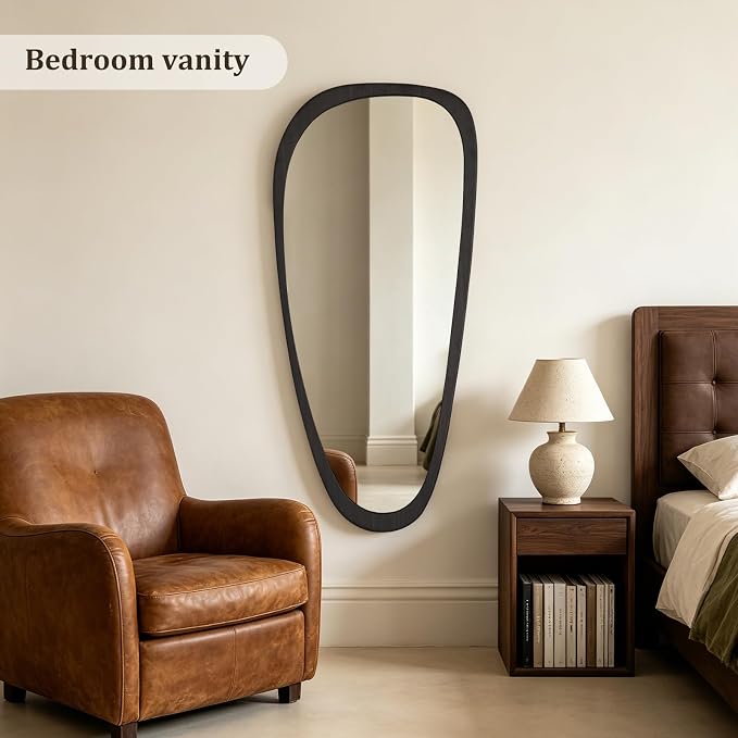 HOMECOOKIN 48" H x 22" W Asymmetrical Mirror, Irregular Wooden Wall Mirror for Bedroom, Living Room,Entryway– Mid-Century Modern Decorative Mirror, Solid Wood Frame, Pebble Shaped Design (Dark Brown)