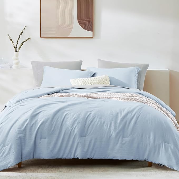 WRENSONGE Full Size Comforter Set- 7 Pieces Ice Blue Bed in a Bag Full Size Comforter with Fitted Sheet, Flat Sheet, 2 Pillow Shams, 2 Pillowcases, Warm Bedding Sets for All Season