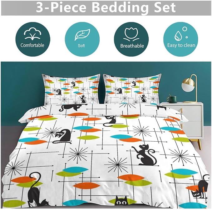 Mid Century Bedding Set,Retro Black Cat 1950s 1960s Abstract Atomic Colorful Geometric Pattern Modern Comforter Set with Pillowcase for Bedroom Bed Decor,Queen 90"x90"