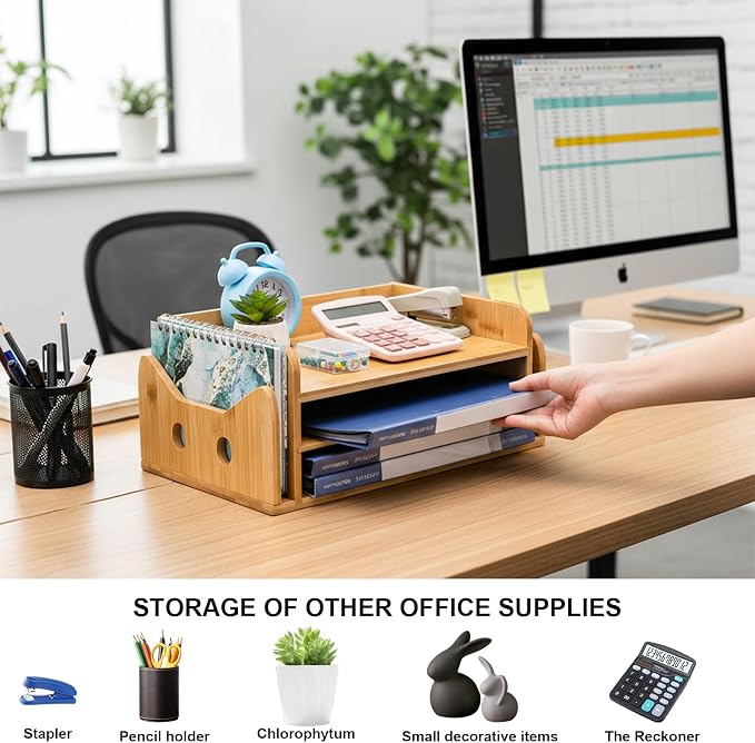 ZOOFOX 3-Tier Paper Letter Tray, Wood Letter File Folder Holder with 3 Trays and 2 Vertical Section, Cute Cat-Shaped Paper Tray for Home Office School