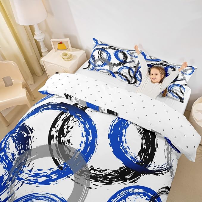 Geometric Circle Duvet Cover Set Twin Size,Abstract Retro Striped Swirls Bedding Set,Boys Girls Room Decor,Graffiti Aesthetic Stripes Comforter Cover,Blue White Quilt Cover,1 Pillowcase(No Filler)