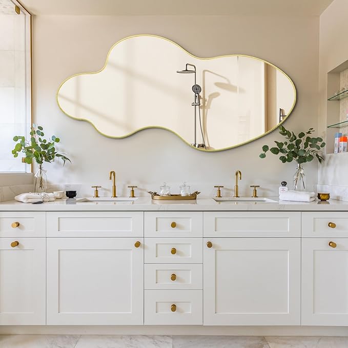 Irregular Mirror, 55"x26" Asymmetrical Wall Mirror with Gold Metal Frame, Large Abstract Mirrors Decorative, Modern Unique Shaped Mirrors for Living Room Bathroom Bedroom Hallway Entryway