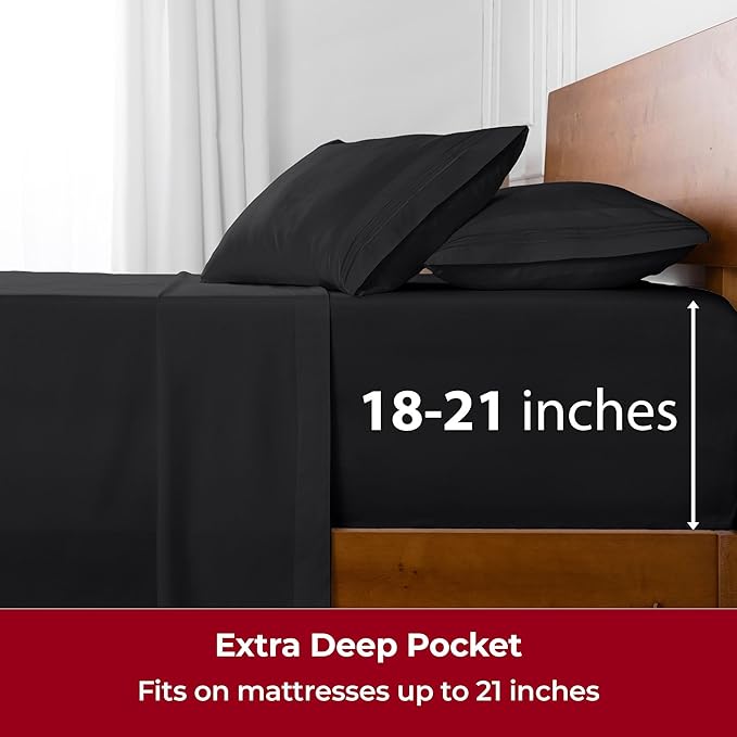 Mellanni Extra Deep King Sheets - 4 PC Iconic Collection Bedding - Hotel Luxury, Ultra Soft, Cooling Bed Sheets - Wrinkle, Fade, Stain Resistant (King, Black)