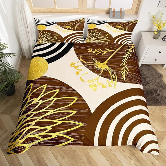 Erosebridal Boho Mid Century Duvet Cover Toddler Size for Women Men Adults | Minimalist Modern Comforter Cover Brown and Beige Geometric Bedding Set Aesthetic Modern Abstract Bed Set