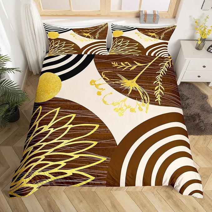 Erosebridal Boho Mid Century Queen Comforter Cover for Women Men Adults | Minimalist Modern Duvet Cover Brown and Beige Geometric Bed Set Aesthetic Modern Abstract Bedding Set