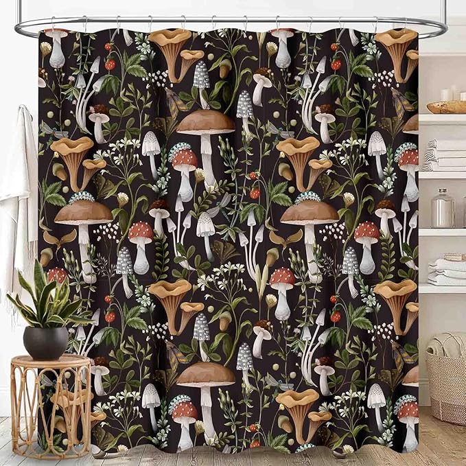 Mushroom Shower Curtain, RFarmhouse Country Wild Floral Botanical Mushroom Cottagecore Nature Plants Leaves Herbs Black Waterproof Fabric Bathroom Shower Curtain Set with Hooks, 72"x84" Inch