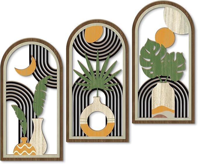 Putuo Decor Boho Wall Art Set of 3, Modern Minimalist Wooden Wall Decor, Flower Vase Abstract Aesthetic Room Decorations, Mid-Century Artwork for Living Room, Bedroom, Office (White, 16×8 in