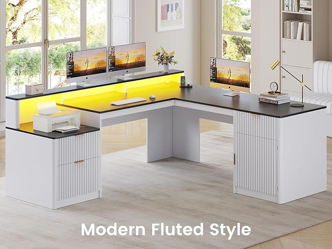 SEDETA 66" Modern L Shaped Desk with Drawers, Fluted Home Office Desk with File Cabinet and Printer Shelf, Wood Executive Desk with Monitor Stand, Led Lights, Power Outlets, White