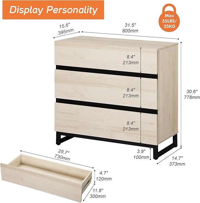 WAMPAT Dresser for Bedroom, Closet Organizers and Storage with 3 Drawers, Chest of Drawers with Metal Base, Modern Wood Dresser for Living Room, Hallway, Entryway, Light Oak