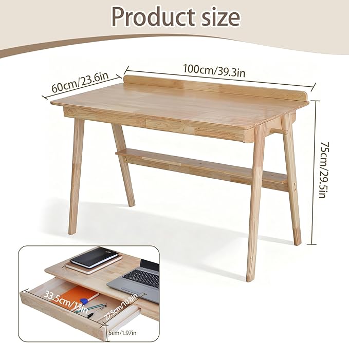 Mid-Century Rubberwood Desk 39 Inch, Solid Wood Computer Desk with 2 Drawers & Side Hooks, Home Office Writing Workstation