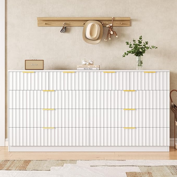 Fluted 10 Drawer Dresser for Bedroom,55.1''W Modern Dresser for Closet with Metal Handle, Wooden Chest of Drawers for Bedroom, Living Room, Hallway,White