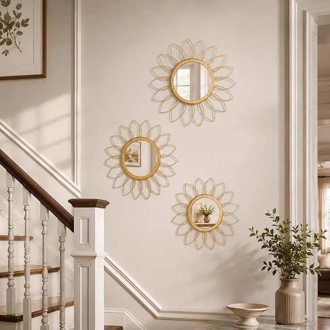 Gold Flower Mirror Set of 3, 3PCS Metal Round Decorative Wall Mirrors, Floral Petal Accent Mirror Wall Decor for Living Room, Bedroom, Entryway & Bathroom