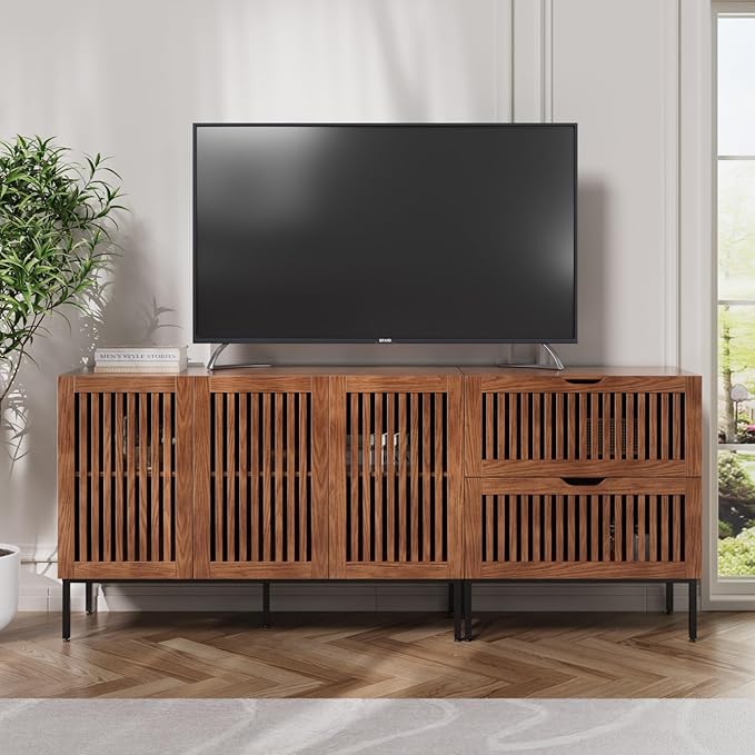 Storage Cabinet,75" Farmhouse Buffet Cabinet with Metal Base and Adjustable Shelves,Sideboard Coffee Bar Cabinet with 3 Doors for Kitchen,Dining Room,Living Room,Brown