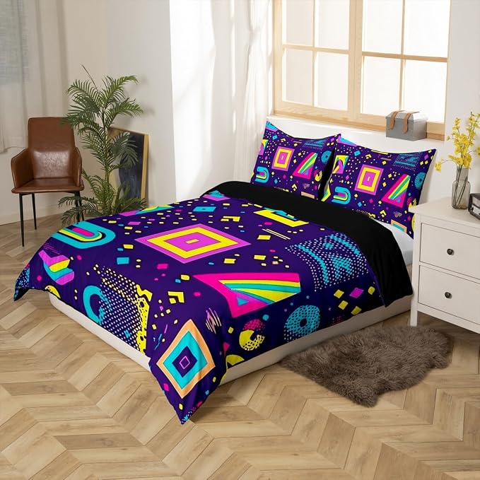 Memphis Style Duvet Cover Full Abstract Colorful Design with Dots Funky Bedding Set for Kids Child Girls Vintage Eighties Comforter Cover Memphis Fashion Bed Sets 80'S Style Retro 1980s Home Decor