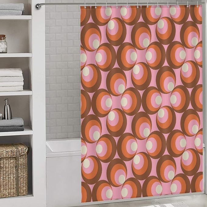 Mid Century Vintage Geometric Shower Curtains Modern Pink Rod Pocket Abstract Geometric Circular Shapes Washable Waterproof Fabric for Bathroom Decor Bathtub with 12 Hooks 55x72in（140x183cm）