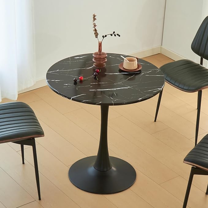Round Dining Tulip Table for 2, Mid-Century Modern Table with Sturdy Metal Pedestal for Kitchen, Bistro, Cafe, Leisure (Faux Marble Black, 24 INCH)