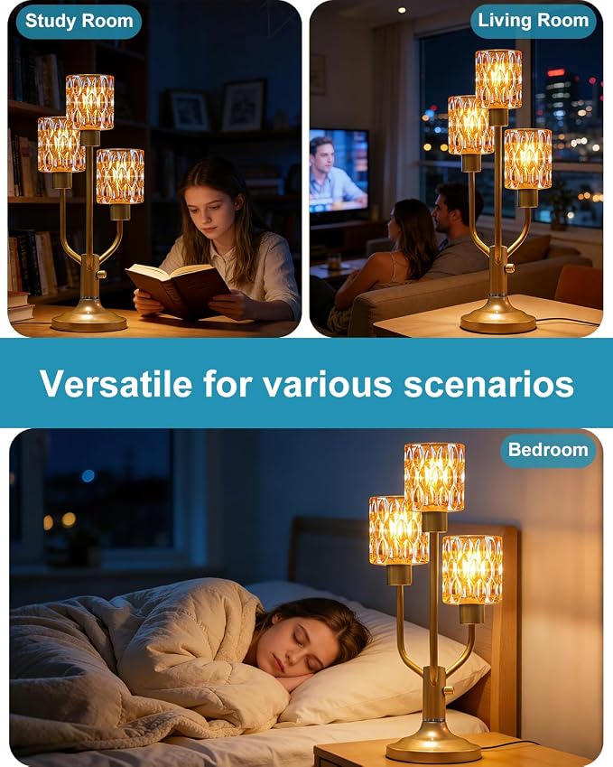 Lightdot Mid Century Modern Table Lamp for Bedroom Dimmable Nightstand Lamp Vintage Gold Desk Lamp Amber Glass 3 Bulbs Included Warmwhite Ambient Bedside Lamps for Living Room Home Office Decor Gift