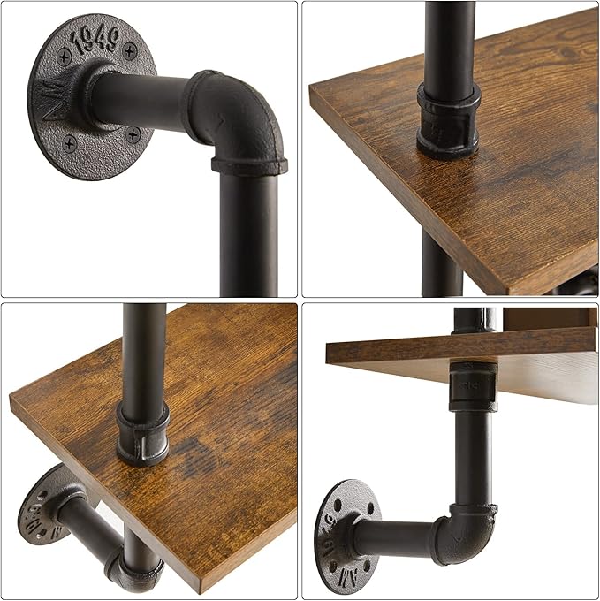 YMYNY Industrial Pipe Shelf Bracket, 3 Tiers Retro Wall Mounted Floating Shelf, Wood DIY Bookshelf, Storage Shelves for Living Room, Bedroom, Office, 24" Farmhouse Bathroom Shelving, UHRF-TM003