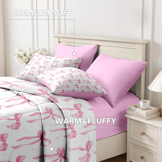 5Pcs Comforter Set Twin Size, Cute Coquette Pink Bow Bowknot, Bedding Decor Sweet Themed Elegant Girly Baby Bedroom Bed Set Flat Sheet Fitted Sheet Pillowcases Shams for Kids Adults