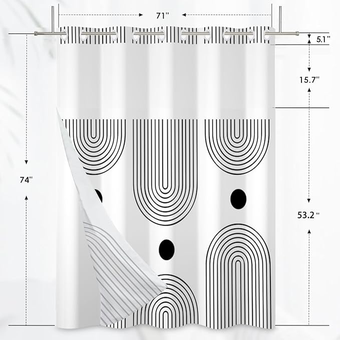 No Hook Shower Curtain with Snap in Liner Set Boho Shower Curtain Mid Century Modern Black and White Abstract Arch Fabric for Bathroom 71x74 Inch