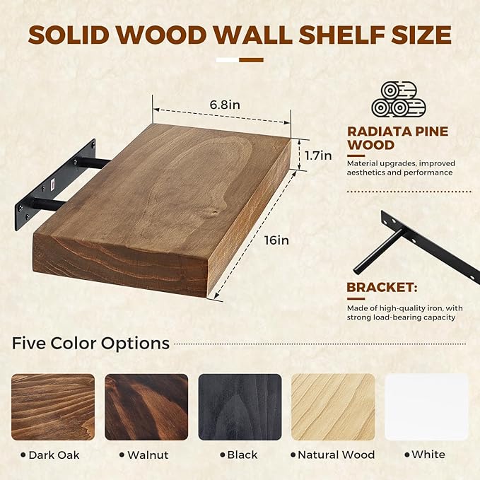 Floating Wall Shelf 16x6.8x1.7 Inch – Solid Wood Shelf in Dark Oak Finish – Wall Mounted Rustic Display Organizer for Bathroom, Kitchen, Bedroom, Small Spaces – Set of 2