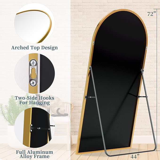 Full Length Mirror with Stand, 72"x44" Arched Full Body Mirror, Large Stand Up Aluminum Frame Floor Freestanding Hanging Leaning Mounted for Bedroom Living Room Entryway Gold