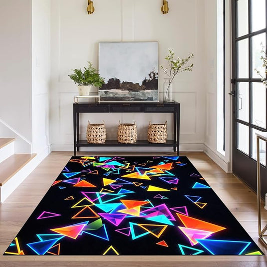 Triangle Area Rug 3'x5' Blacklight Glow in The Dark Geometric Rug Non-Slip Washable Colorful Neon Light Floor Mat for Entryway Bedroom Living Room Nursery Kitchen Playroom Home Decor