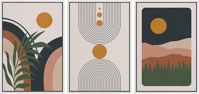 wall26 Framed Canvas Print Wall Art Set Boho Geometric Mid-Century Plant Planet Landscape Nature Abstract Illustrations Modern Bohemian Decorative for Living Room, Bedroom, Office - 16"x24"x3 White