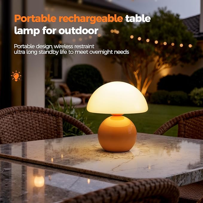 NIORSUN Mushroom Lamp Table Lamp for Bedroom, Portables Cordless Table Lamp,Wireless lamp,Small Bedside Table Touch Lamps for Living Room,Mini Mushroom 5200mAh Battery Operated Lamp Modern Orange