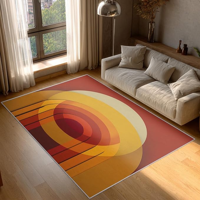 Mid Century Modern Rugs for Home Decor, 5x6 ft, Abstract Circle Area Rugs for Living Room, Soft Non Slip Washable Retro 70s Geometric Carpet Bedroom Decorations Dt-Ghf-69