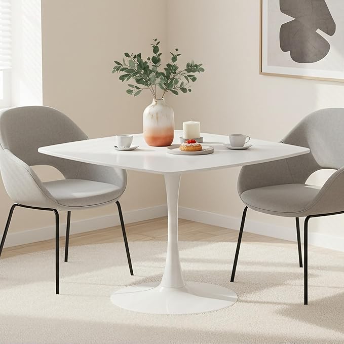 Square Dining Table,42.1" Tulip Table with Metal Pedestal,15-Minute Quick Assembly,Mid Century Modern Leisure Table for Kitchen Small Places Cafe (White)