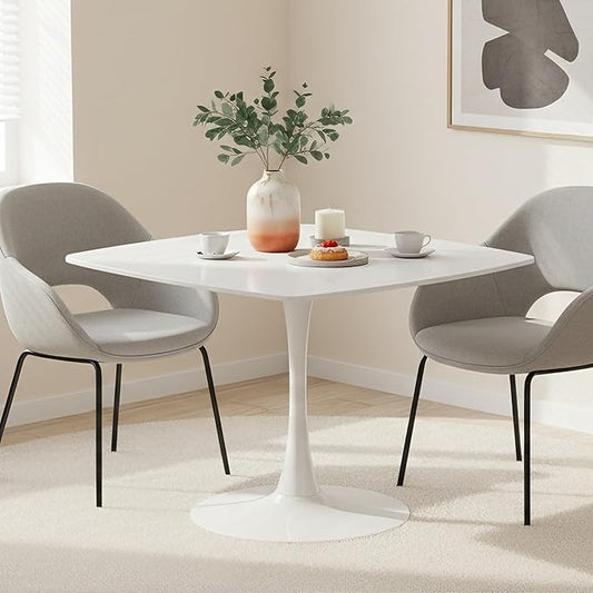 Square Dining Table,42.1" Tulip Table with Metal Pedestal,15-Minute Quick Assembly,Mid Century Modern Leisure Table for Kitchen Small Places Cafe (White)