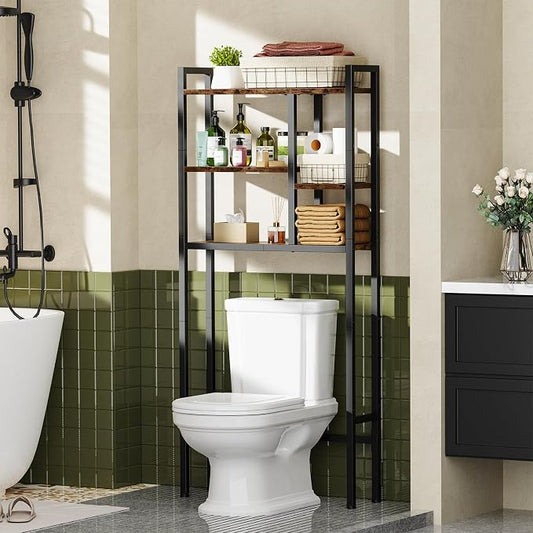 Asgolion Over-The-Toilet Storage Rack, 3-Tier Bathroom Shelves Over Toilet, Above Toilet Storage, Behind Toilet Bathroom Organizer, Space Saver, Freestanding, Rustic Brown