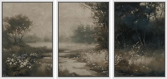 MUDECOR Framed Wall Art Print Set Vintage Landscape Subtle Forest and River in Earthy Tones Illustrations Modern Art Boho Decorative Colorful Chic for Living Room, Bedroom, Office - 24"x36"x3 White